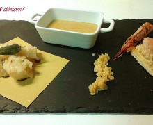 BACCALA' FRITTO CON VELLUTATA DI LENTICCHIE ROSSE E CROSTINO DI CECI E GAMBERONI BACCALA' FRITTO CON VELLUTATA DI LENTICCHIE ROSSE E CROSTINO DI CECI E GAMBERONI