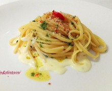 LINGUINE AGLIO OLIO E PEPERONCINO SU FONDUTA DI PARMIGIANO PROFUMATO ALLO ZENZERO.