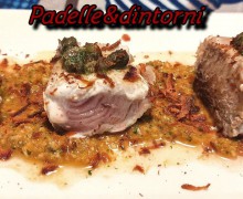 CUBOTTI DI PALAMITA SU PESTO TRAPANESE , SALSA DI CAPPERI E BOTTARGA